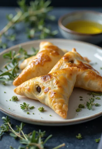 Olīvu un ķiploku samosas pasniegtas