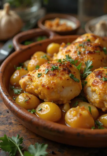 Pollo al Ajillo, spāņu ķiploku vista, pasniegta ar baltvīna mērci