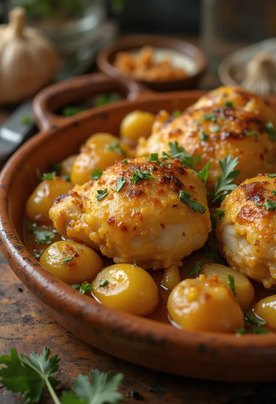 Pollo al Ajillo, spāņu ķiploku vista, pasniegta ar baltvīna mērci
