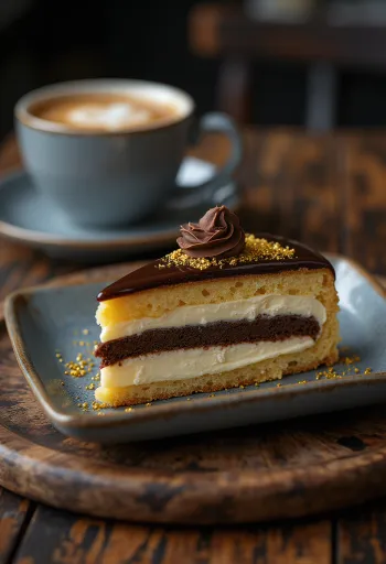 Franču opera torte ar šokolādes ganaša kārtām un espresso garšu