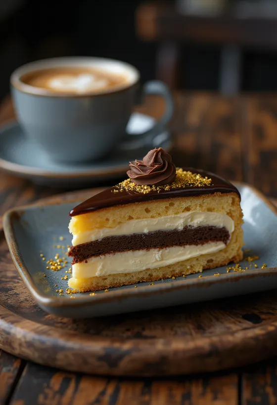 Franču opera torte ar šokolādes ganaša kārtām un espresso garšu