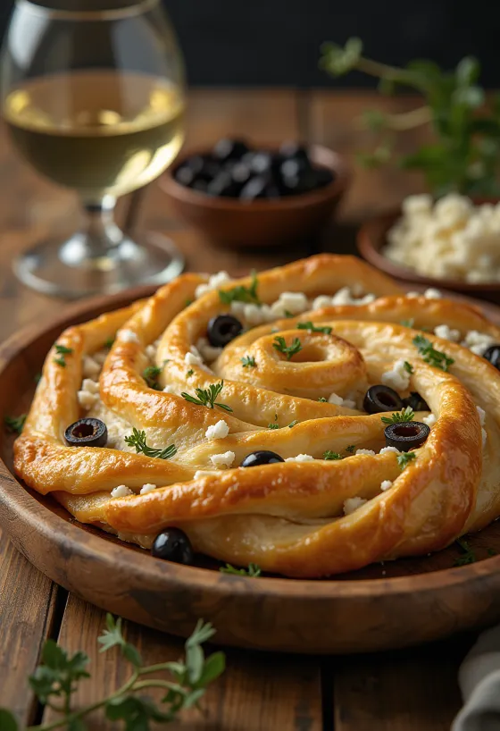 Olīvu un fetas siera bureks kraukšķīgā mīklā pasniegts