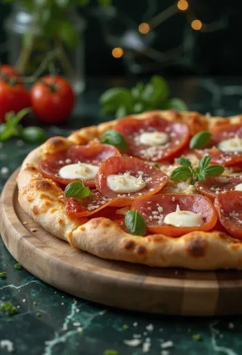 Pica ar fenheļa salami, mocarellu un baziliku
