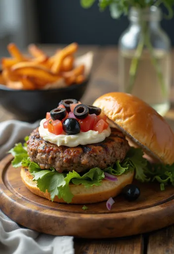 Vidusjūras burgers ar olīvām pasniegts