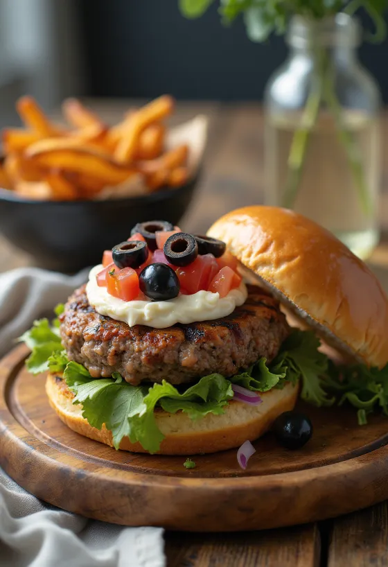 Vidusjūras burgers ar olīvām pasniegts