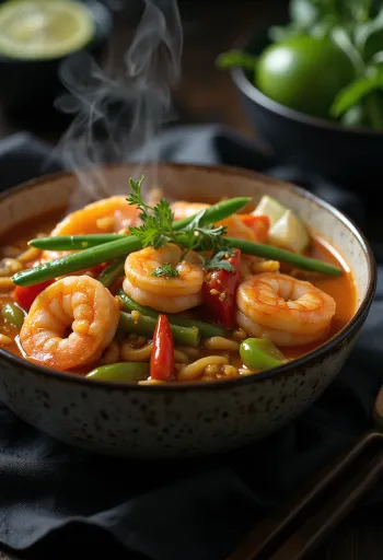 Taizemes karijs ar garnelēm, kokosriekstu pienu un svaigiem dārzeņiem