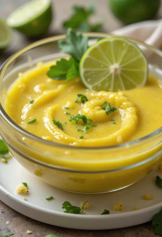 Karija, ķiploku un laima mērce pasniegta