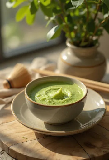 Tase putotas matcha tējas, rotāta ar matcha pulveri
