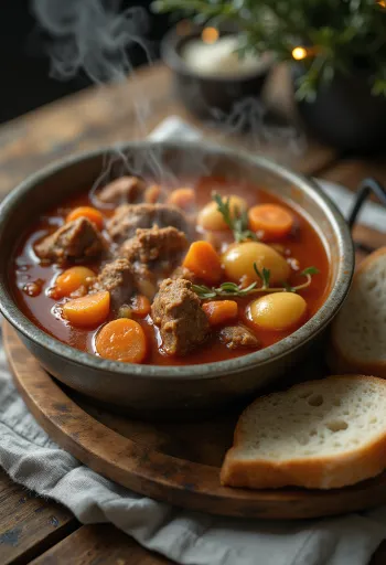 Bogračgulašs ar dūmu aromātu, bagātīgi pasniegts ar svaigu maizi