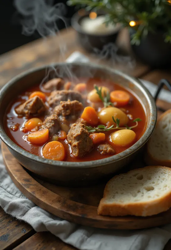 Bogračgulašs ar dūmu aromātu, bagātīgi pasniegts ar svaigu maizi