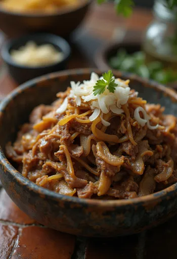 Carne Seca pasniegta ar rīsiem un svaigu koriandru