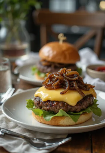 Franču hamburgers ar kamambēra sieru un karamelizētiem sīpoliem