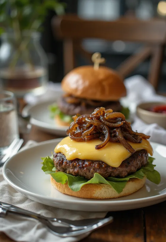 Franču hamburgers ar kamambēra sieru un karamelizētiem sīpoliem