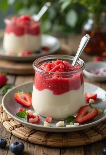 Panna cotta ar augļu biezeni pasniegta