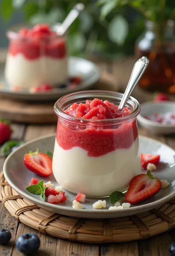 Panna cotta ar augļu biezeni pasniegta