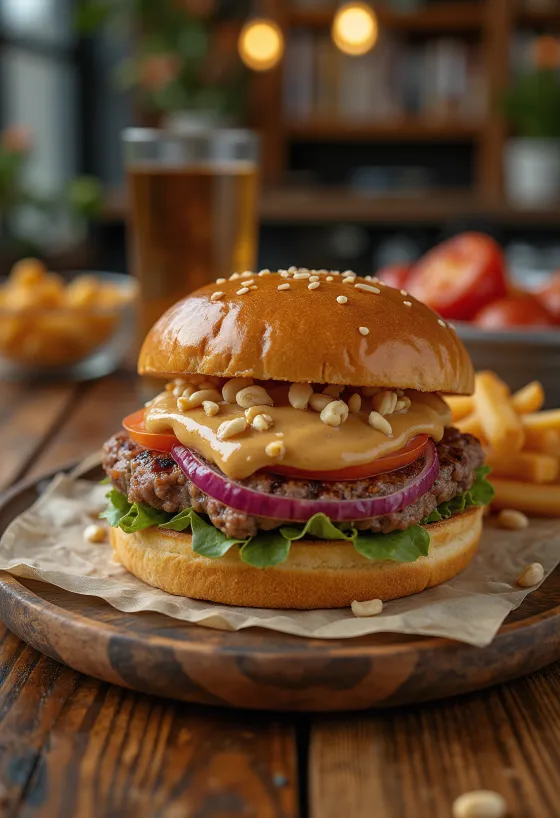 Zemesriekstu sviesta burgers pasniegts