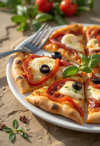 Pizza Española ar čorizo, sarkano papriku un olīvām