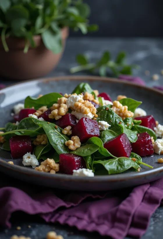 Spinātu un biešu salāti ar valriekstiem un fetas sieru